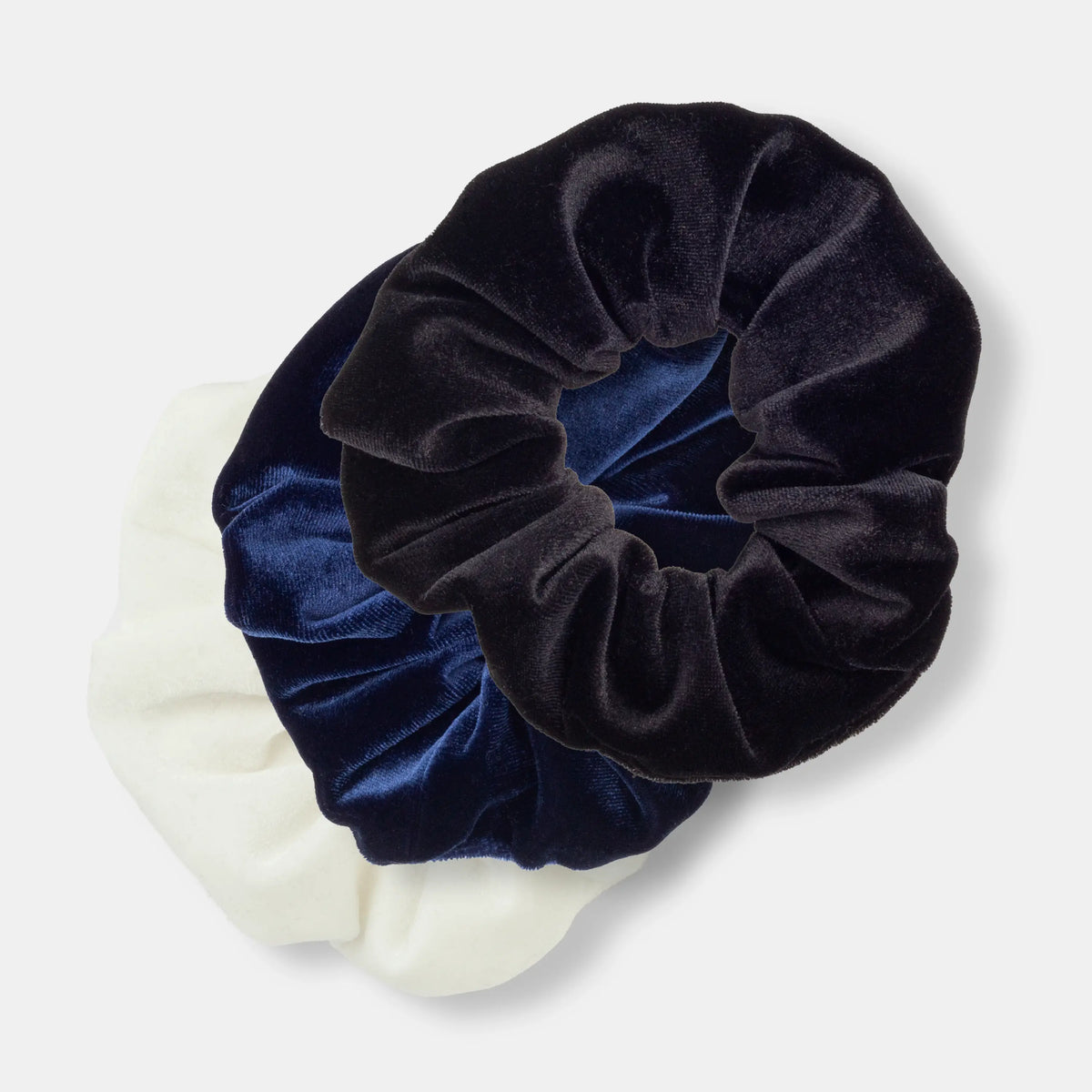Scrunchie Midnight 3-Pack – navy, white and black velvet scrunchies